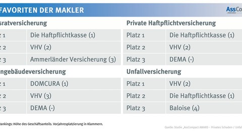 Die Favoriten im privaten Schaden-/Unfallgeschäft 2025: Versicherungsmakler zeigen klare Präferenzen